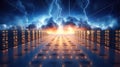 A cloud-filled sky with virtual servers and data centers interconnected by lightning bolts, symbolizing the power and reach of Royalty Free Stock Photo