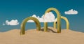 a cloud is floating over a sculpture in the sand dunes of a beach area with a blue sky and white clouds, 3D render, surrealism