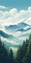 Cloud Forest In Rocky Mountains: A Detailed Speedpainting Of Hazy Cabincore Landscape