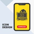 Cloud, game, online, streaming, video Glyph Icon in Mobile for Download Page. Yellow Background Royalty Free Stock Photo