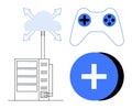 Cloud Gaming Concept with Data Server, Game Controller, and Plus Symbol Royalty Free Stock Photo