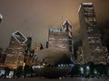 Cloud Gate and Skyscrapers in Downtown Chicago Illinois on Cloudy Summer Night, Cityscape, Urban Scene, Light Pollution, Famous Royalty Free Stock Photo