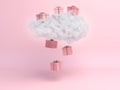 Cloud with gift box rain on pastel pink background. Creative idea. Minimal concept. 3d rendering