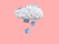 Cloud with gift box rain on pastel pink background. Creative idea. Minimal concept. 3d rendering