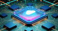 A glowing cloud computing chip on a circuit board with neon lights and microprocessors Royalty Free Stock Photo
