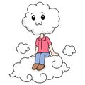 The cloud headed boy sits quietly in the sky above the clouds, doodle icon image kawaii