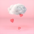 Cloud with heart rain on pastel pink background. Creative idea. Valentine's day or romantic concept. Minimalistic. 3d