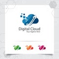Cloud hosting logo vector design with concept of data upload symbol. Cloud computing vector illustration for hosting provider,
