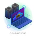 Cloud hosting - private and security web storage data center icon. Online cloud computing technology with upload, download files