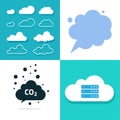Cloud icon flat and line outline art vector or network internet data server technology symbol, carbon co2 emission dioxide exhaust