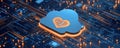 Cloud icon with heart surrounded by digital circuit elements, symbolizing technology and connection Royalty Free Stock Photo