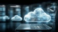 Cloud icon hovering over laptop workspace, representing remote cloud computing, online storage and collaboration. Royalty Free Stock Photo