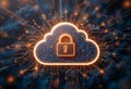 Cloud icon integrated with a secure padlock symbol digital background.