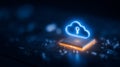 Cloud icon with key above microchip symbolizing secure cloud computing and encrypted data access Royalty Free Stock Photo