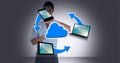 Cloud icon over network of electronic devices against woman doing time break gesture Royalty Free Stock Photo