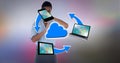 Cloud icon over network of electronic devices against woman doing time break gesture Royalty Free Stock Photo