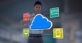 Cloud icon over network of icons against sad african american woman doing time break gesture Royalty Free Stock Photo