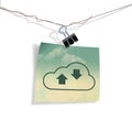 A cloud icon on a piece of grunge covered paper hangs on a wire from a paper clamp