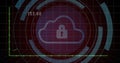 Cloud icon presenting embedded padlock over data rings in virtual cyberspace, with neon graph axes Royalty Free Stock Photo