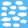 Cloud icon set, white clouds isolated on blue sky background, vector illustration. Royalty Free Stock Photo