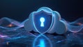 Cloud icon with shield and keyhole symbol represents data safety. Digital streams flow around protective cyber security emblem. Royalty Free Stock Photo