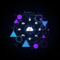 Cloud icon surrounded by interconnected symbols like servers databases Royalty Free Stock Photo