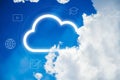 Cloud icons and effects in the clear sky. Downloading and uploading data. Storage technology concept Royalty Free Stock Photo