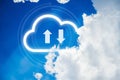 Cloud icons and effects in the clear sky. Downloading and uploading data. Storage technology concept Royalty Free Stock Photo