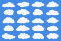 Cloud icons set on blue background. Flat cloudy vector collection. White clouds group. Design element for flat illustration. Royalty Free Stock Photo