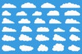 Cloud icons set on blue background. Flat cloudy vector collection. White clouds group. Design element for flat illustration. Royalty Free Stock Photo