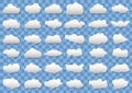 Cloud icons on transparent blue background. 36 different vector clouds. vector clouds.