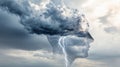 Cloud inside transparent head shows anxiety in a dark sky with lightning Generative AI Royalty Free Stock Photo