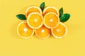 Cloud of oranges isolated on yellow background