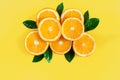 Cloud of oranges isolated on yellow background