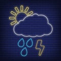 Cloud with lightning bolt thunder, rain icon glow neon style, concept weather condition outline flat vector illustration, isolated Royalty Free Stock Photo