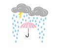 Cloud With Lightning And Rain Falling Drops On The Umbrella. Vector Illustration Isolated Background.
