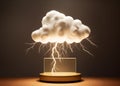 Cloud and lightning shaped award on podium and dark background