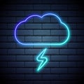 Cloud and lightning. simple outline icon. linear symbol with thin outline. Blue neon style on dark brick wall background. Light