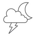 Cloud and lightning thin line icon, forecast and climate, thunder sign, vector graphics, a linear pattern on a white Royalty Free Stock Photo