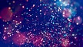Cloud of multicolored particles fly in air slowly or float in liquid like sparkles on dark blue background. Beautiful