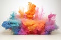 a cloud of multicolored powder dye suspended over a clean white background