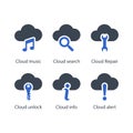 Cloud music, search, Repair, unlock, info, alert, icon Royalty Free Stock Photo