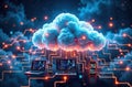 A cloud network with glowing lines representing the flow of data between servers, computers, and mobile devices Royalty Free Stock Photo