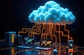 A cloud network with glowing lines representing the flow of data between servers, computers, and mobile devices Royalty Free Stock Photo