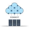 Cloud network with linked nodes above server rack, symbolizing online data storage, computing, and secure infrastructure Royalty Free Stock Photo