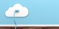 Cloud network socket. Plug and socket on blue wall background. 3d illustration Royalty Free Stock Photo