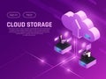 Cloud office glow isometric composition with editable text clickable buttons cloud pictogram and two modern workspaces