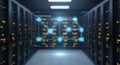 Cloud Orchestration Network in Data Center with Server Racks and Glowing Connections Royalty Free Stock Photo