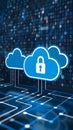 Cloud with padlock, binary code backdrop, emphasizing cloud computing and data security Royalty Free Stock Photo