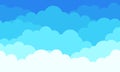 Cloud pattern background, flat white clouds in blue sky. Vector abstract flat graphic cloudscape and weather background